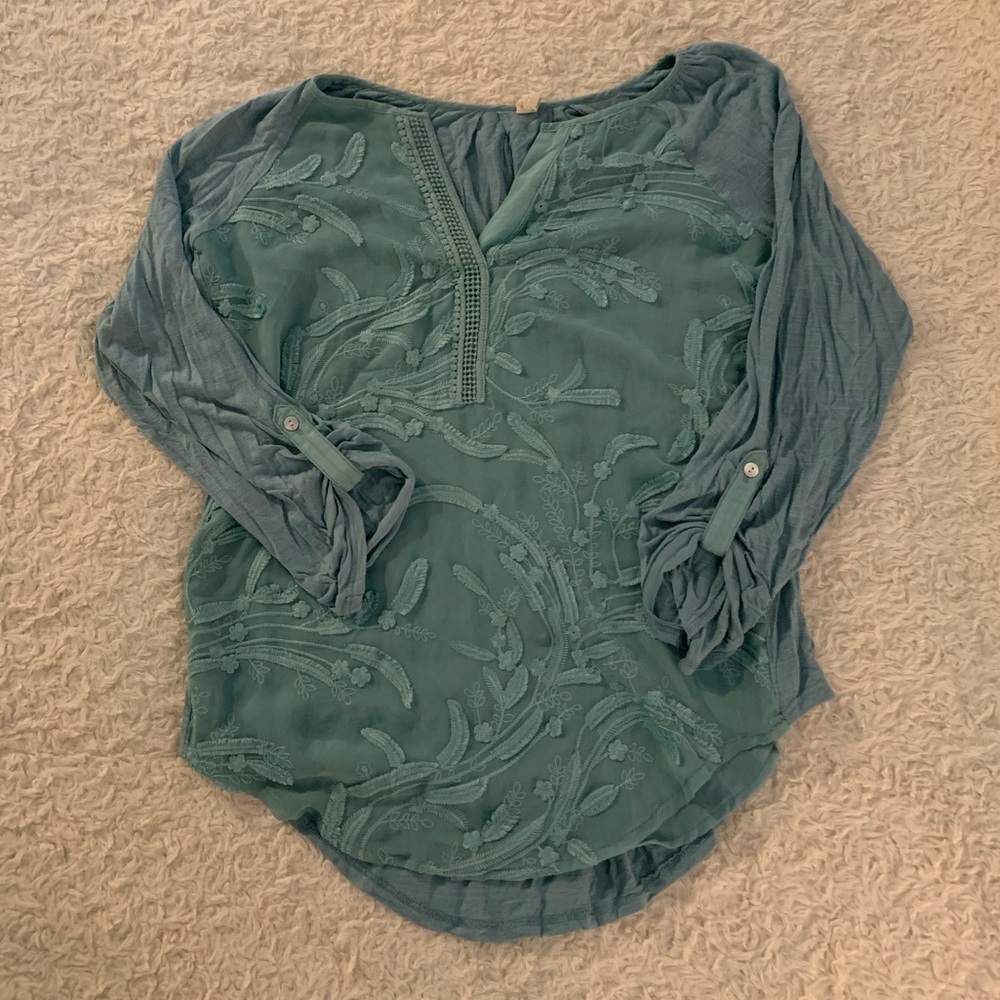 Anthropologie turquoise embroidered three quarter sleeve shirt
